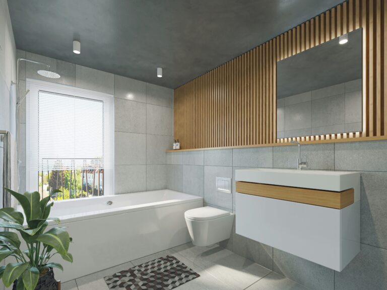 Bathroom with wooden paneling on the wall. Pristine condition