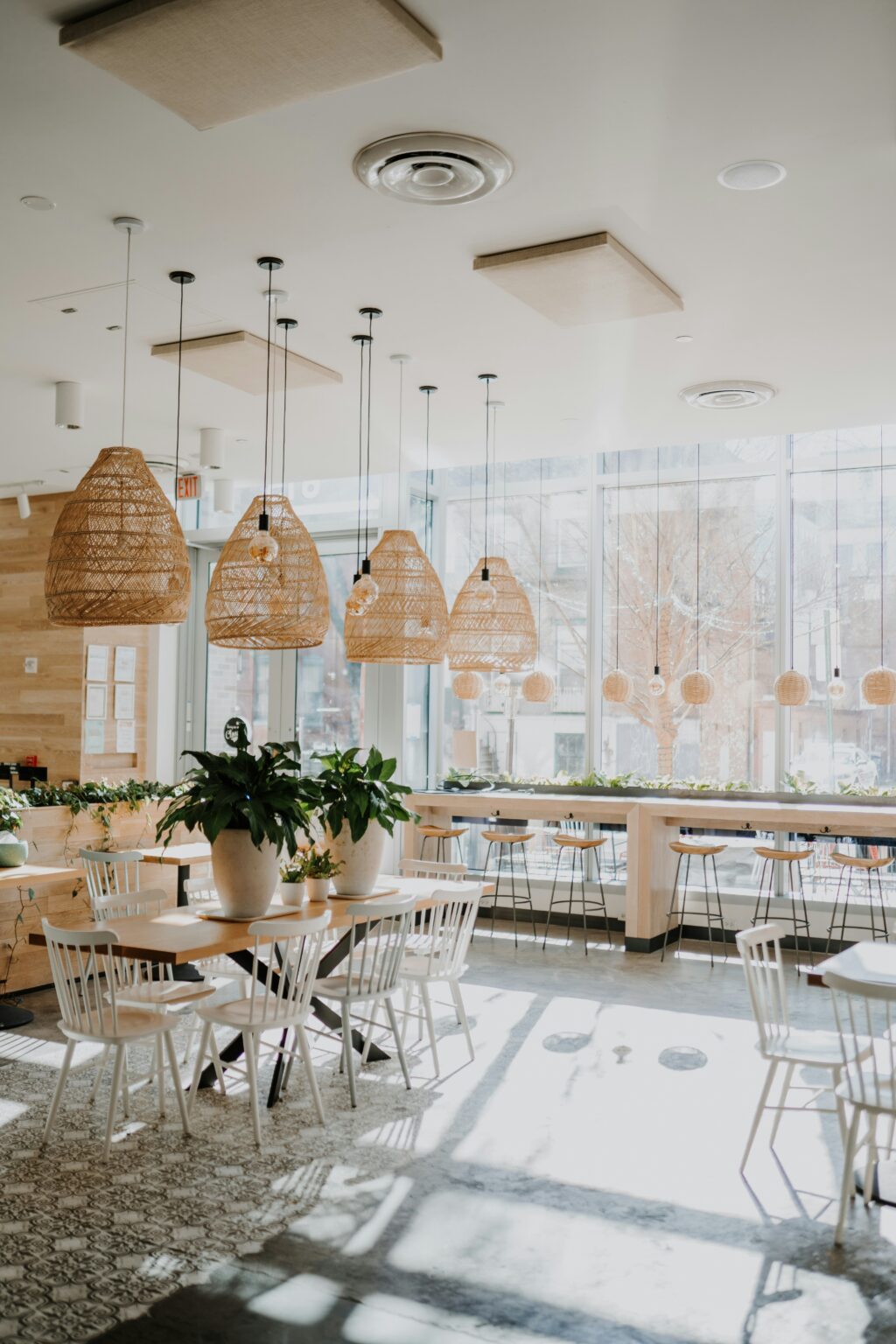 pristine restaurant with pendant lighting