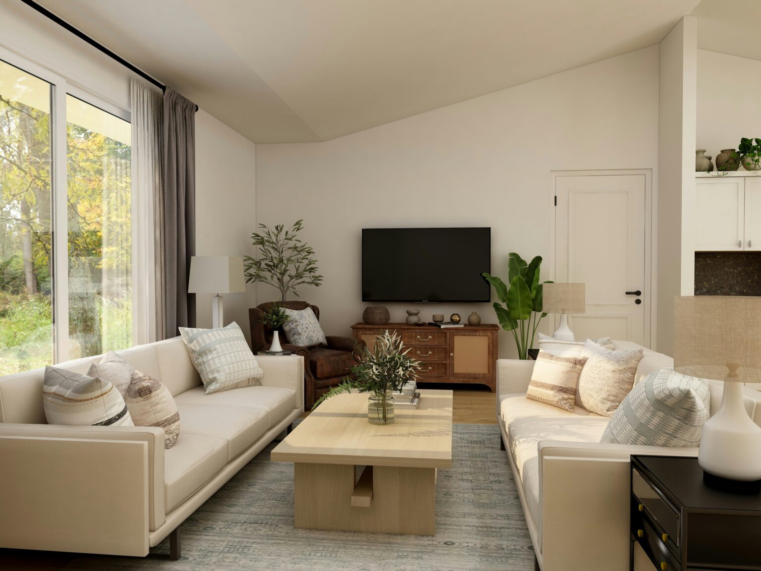 The best deep cleaning in Stratham. Bamboo-tones living room area with two large couches. Expertly cleaned by Cavanis Cleaning