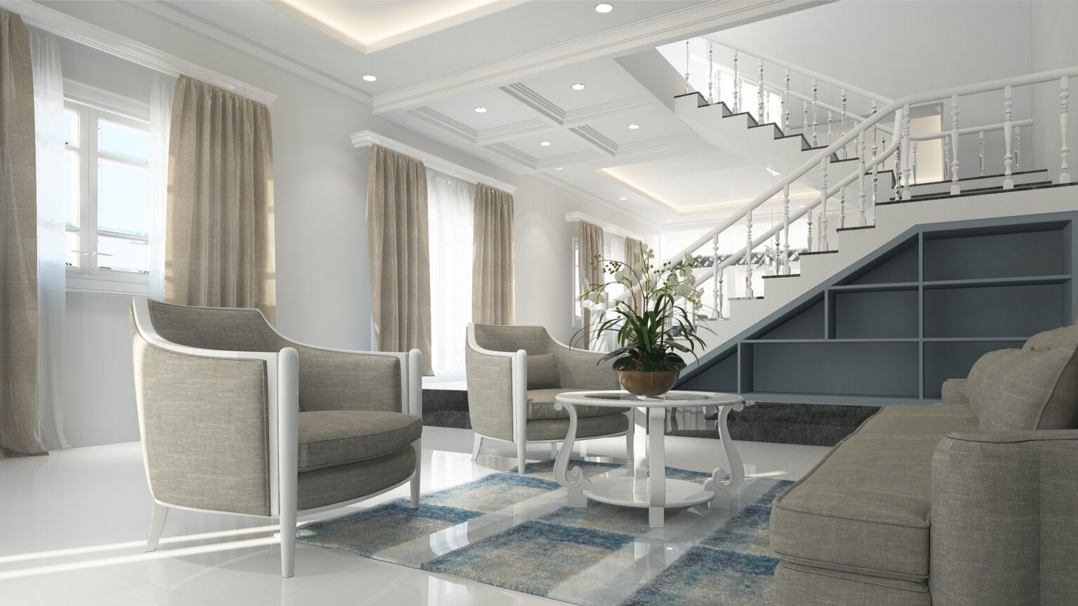 beautiful blue living room with a staircase behind. The best house cleaning service in Rye