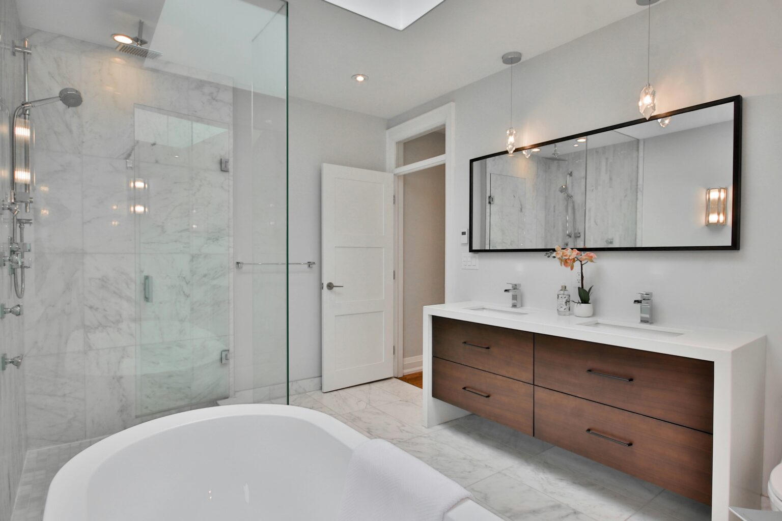 Bathroom with wood tones. The best post-construction cleaning services in Portsmouth