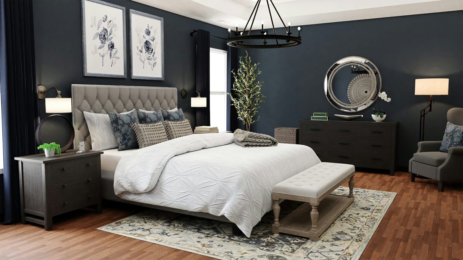 Navy blue themed bedroom