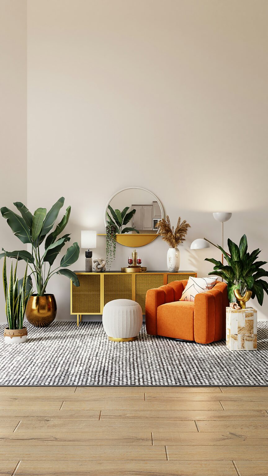 Modern living room with an orange armchair, round white ottoman, gold console table, and large potted plants; accented with a circular mirror, decorative vases, and warm ambient lighting on a patterned rug.