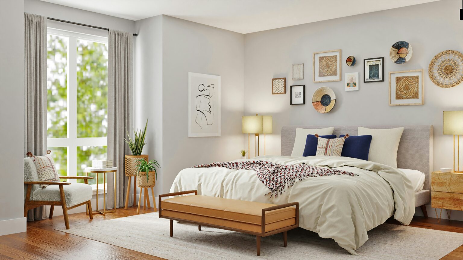 Bedroom in pristine condition with art on the wall