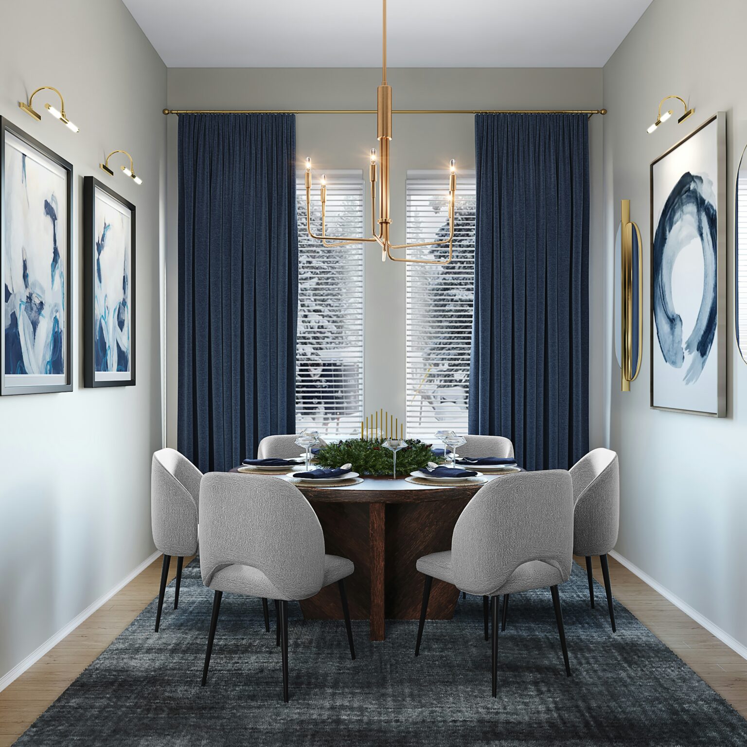 Dining room area with blue curtains, paintings, and rug and gray chairs