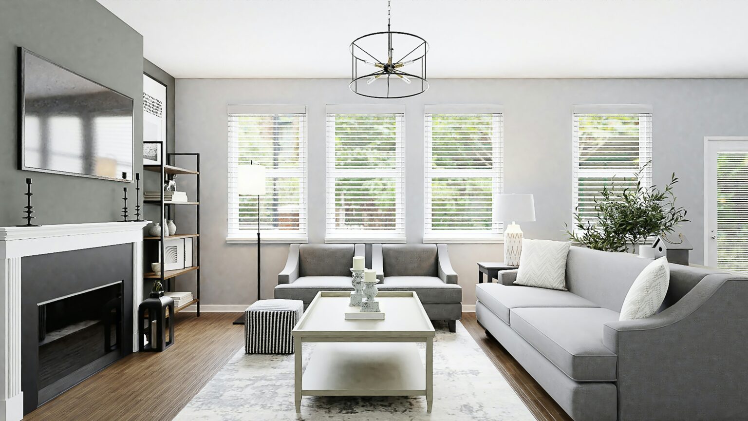 The best Airbnb cleaning service in Kittery. Gray monochrome living room with two sofas and a coffee table