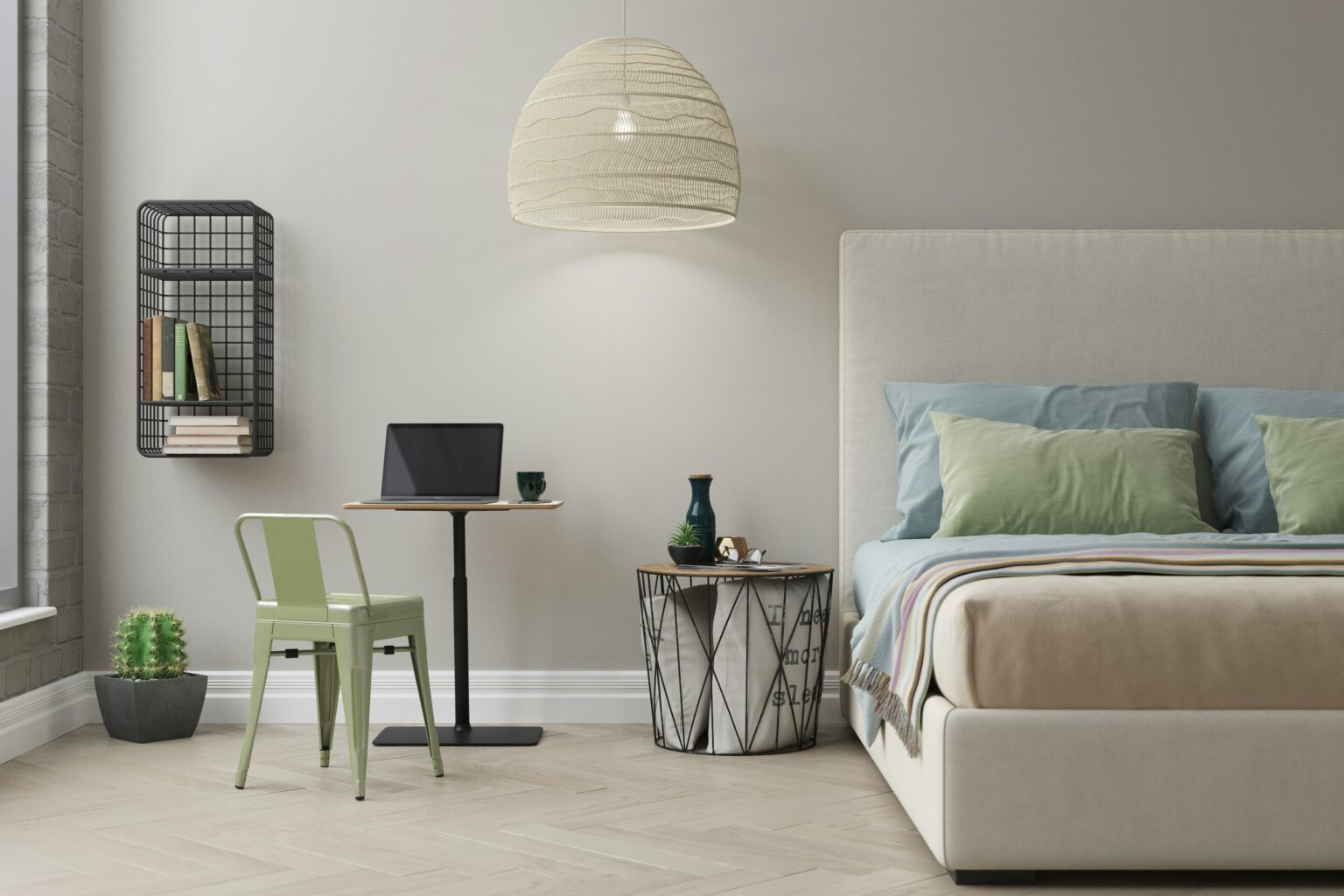 Bedroom with a side table and a desk